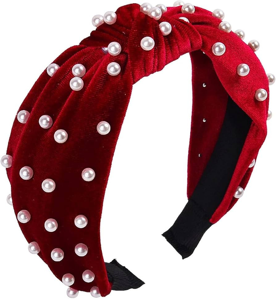 Amazon.com : Jowxsx Red Hair Headband Headband Knotted Pearl Gold Accessories Pearl Ve-lvet Ve-lv... | Amazon (US)