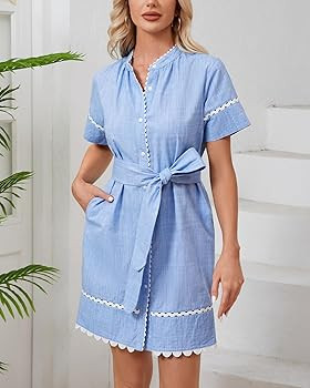 Women's Short Sleeve Summer Shirt Dress Button Down Belted Tunic Mini Dresses RIC Rac Trim Sundre... | Amazon (US)