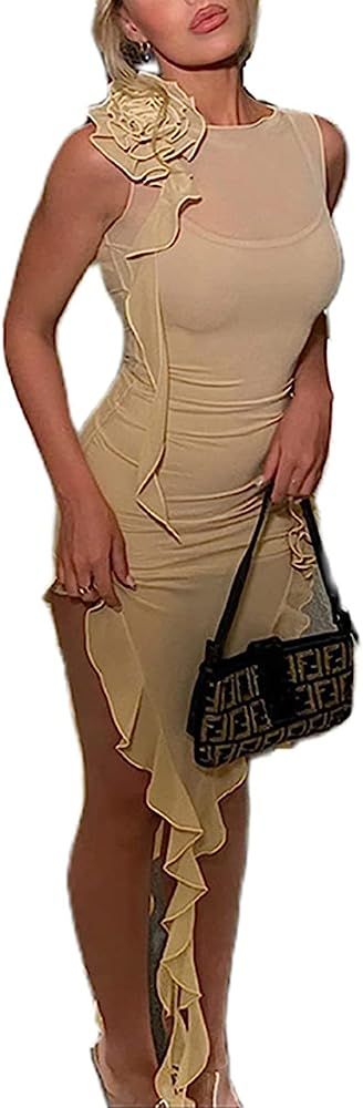 Women Y2k Tube Tank Sexy Mesh Sheer Strapless Split Bodycon Dress Ruffle Sleeveless Irregular Lon... | Amazon (US)