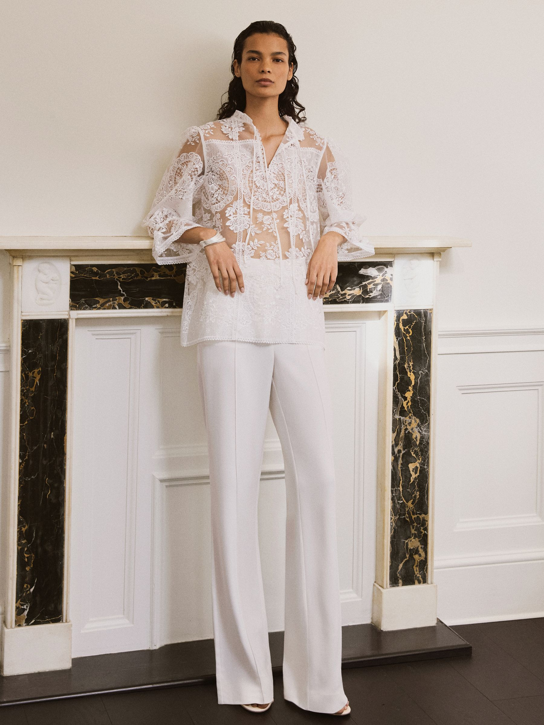 Sheer Lace Tie-Neck Blouse in Ivory | Reiss UK
