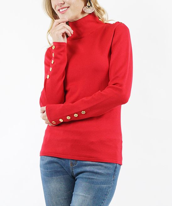 Lydiane Women's Turtlenecks RED - Red Turtleneck Button-Accent Sweater - Women | Zulily