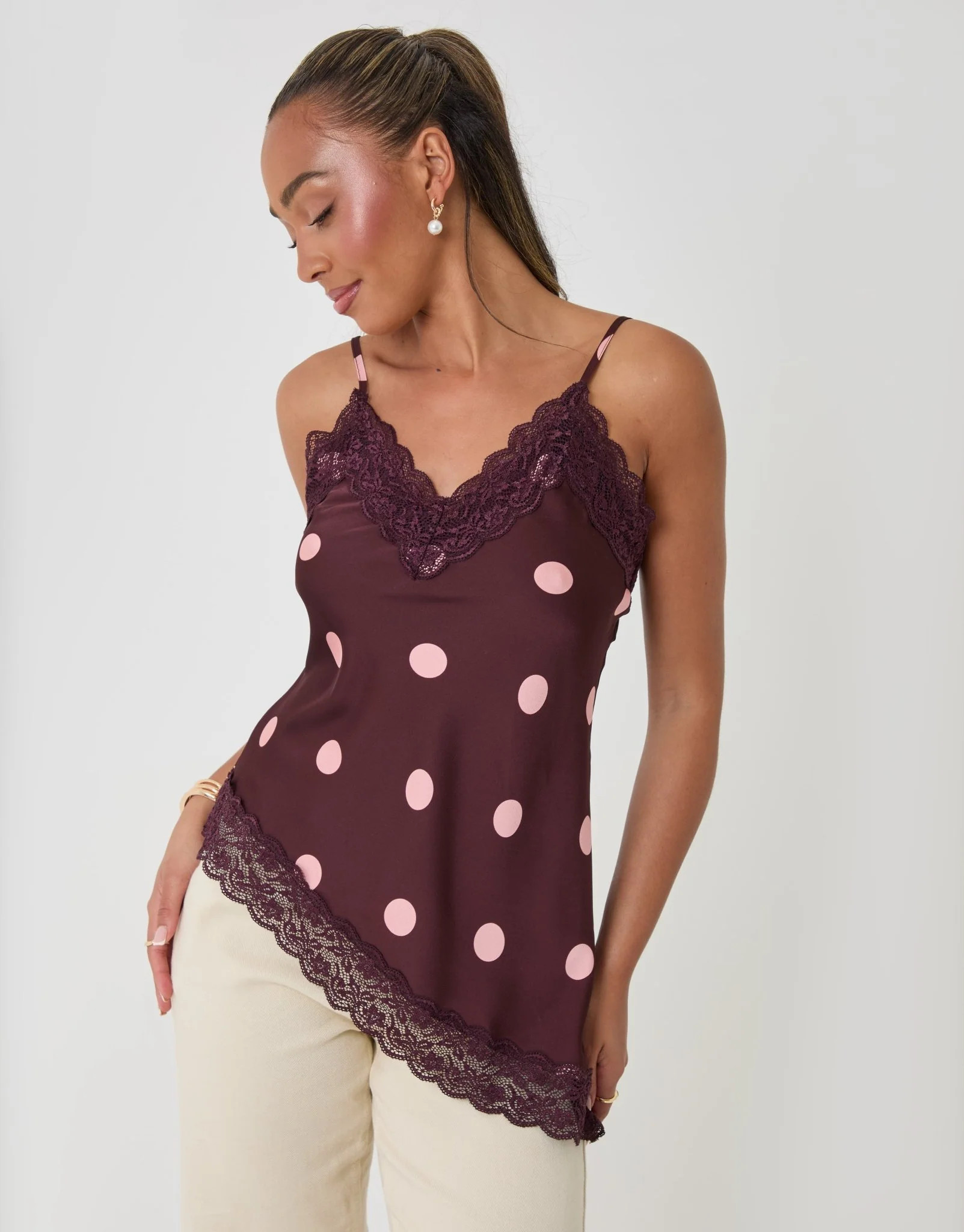Satin Lace Trim Cami in Burgundy Polka Dot | Threadbare UK
