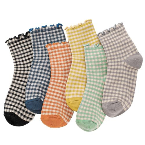 GGSTDDUP 6 Pairs Women Ruffle Socks Striped Frilly Socks, Women Cute Socks Checkered Socks Ankle Socks for Women Cotton Knit Casual Crew Socks Size 5-9, Medium | Amazon (US)