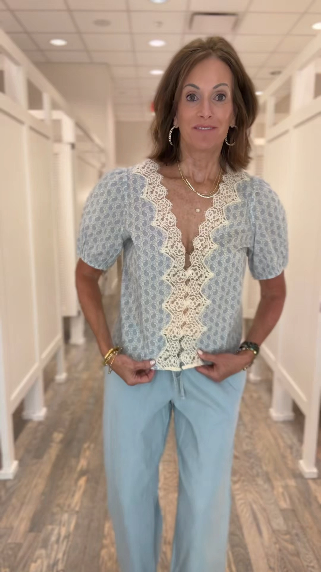 Lace trim top - wearing a large but way too big need a small
Wide leg pull on chambray pants - size medium regular. Reviews say they run big 
Available in petite / regular/ tall 


Spring style 
Vacation outfit I

#LTKMidsize #LTKTall #LTKSaleAlert