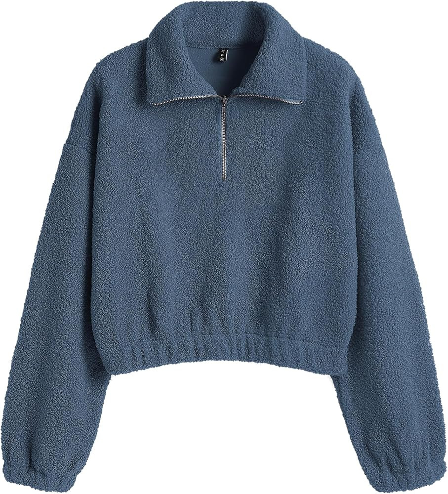 ZAFUL Women's Faux Fur Pullover Half Zip Long Sleeve Crop Sweatshirt Tops | Amazon (US)