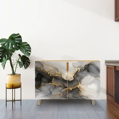 Sideboard Buffet Cabinet with Storage Elegant Black Gold Abstract Marble Design Fluid with 2 Doors for Living Room and Kitchen | Wayfair North America