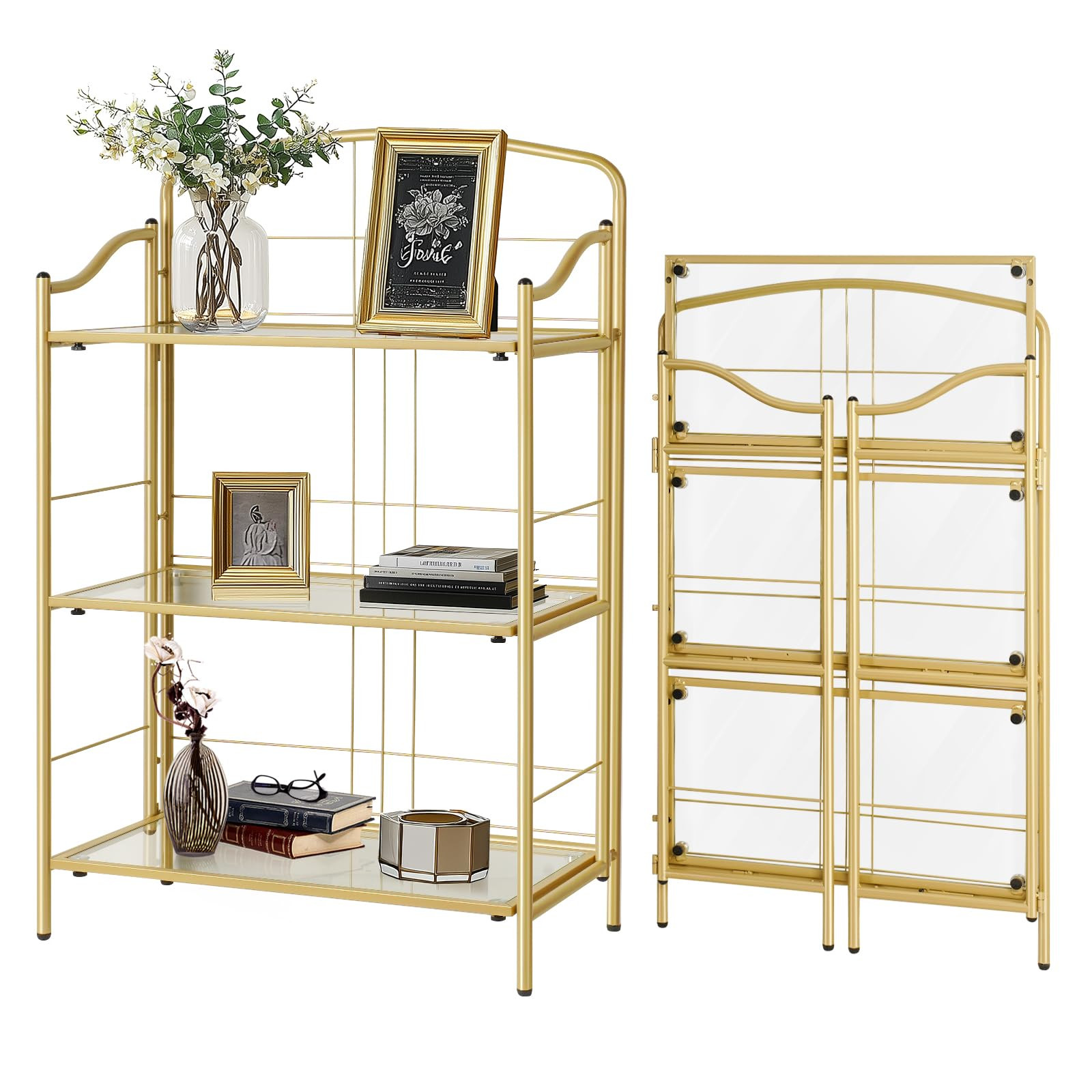 No Assembly Bookshelves, 3 Tier Classic Gold Folding Book Shelf, Foldable Bookcase with Glass She... | Amazon (US)