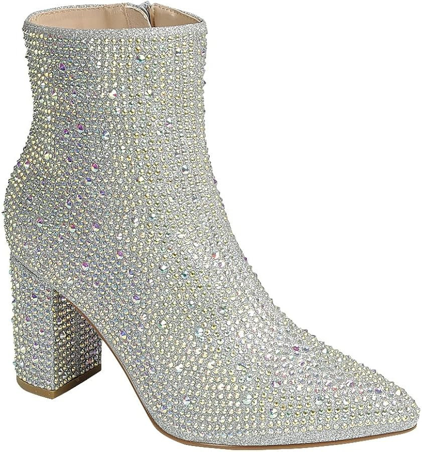 ABSOLEX Women Pointed Toe Rhinestone Block Medium Heel Ankle Booties | Amazon (US)