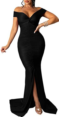 Off Shoulder Formal Dress for Women Ruched Strapless Bodycon Maxi Evening Gown Long Dresses Black Medium | Amazon (US)
