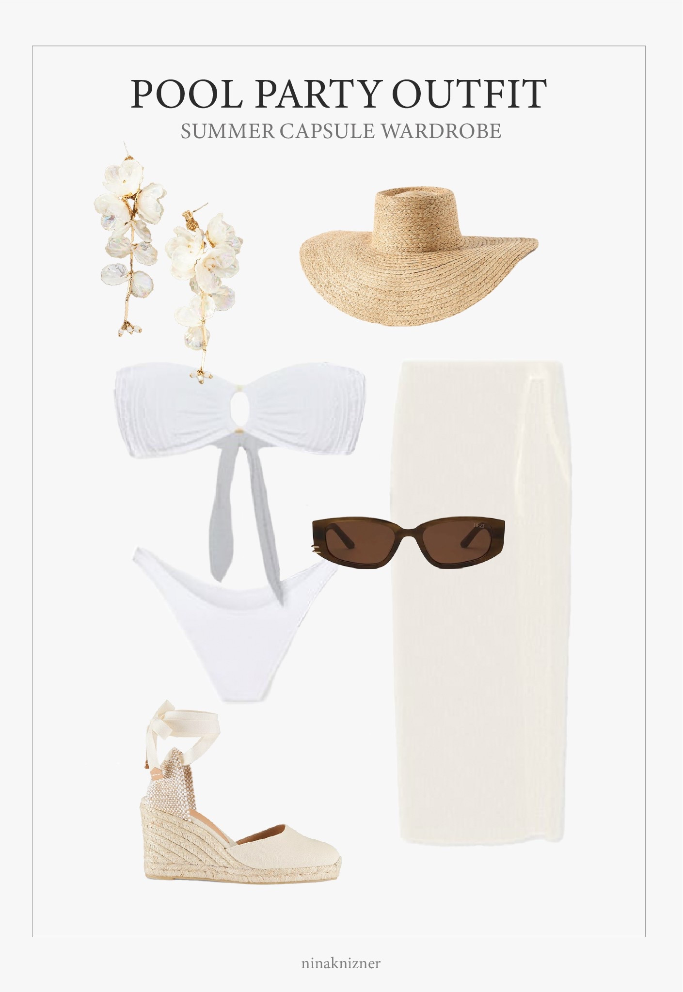 Elevated and neutral summer outfit for sunny days by the pool.

White bikini set by my favorite swim brand; Lspace. Paired with an ivory sarong cover-up, a straw hat and espadrille wedges.

The must have statement accessory of the season is this gorgeous flower earring which adds the perfect hint of femininity.

Sunnies that complement the warm, neutral tones of the fit.

#pooloutfit #summeroutfit
#capsulewardrobe #modernluxe #quietluxury #neutraloutfits #swim #bikini

#LTKStyleTip #LTKSeasonal #LTKSwim