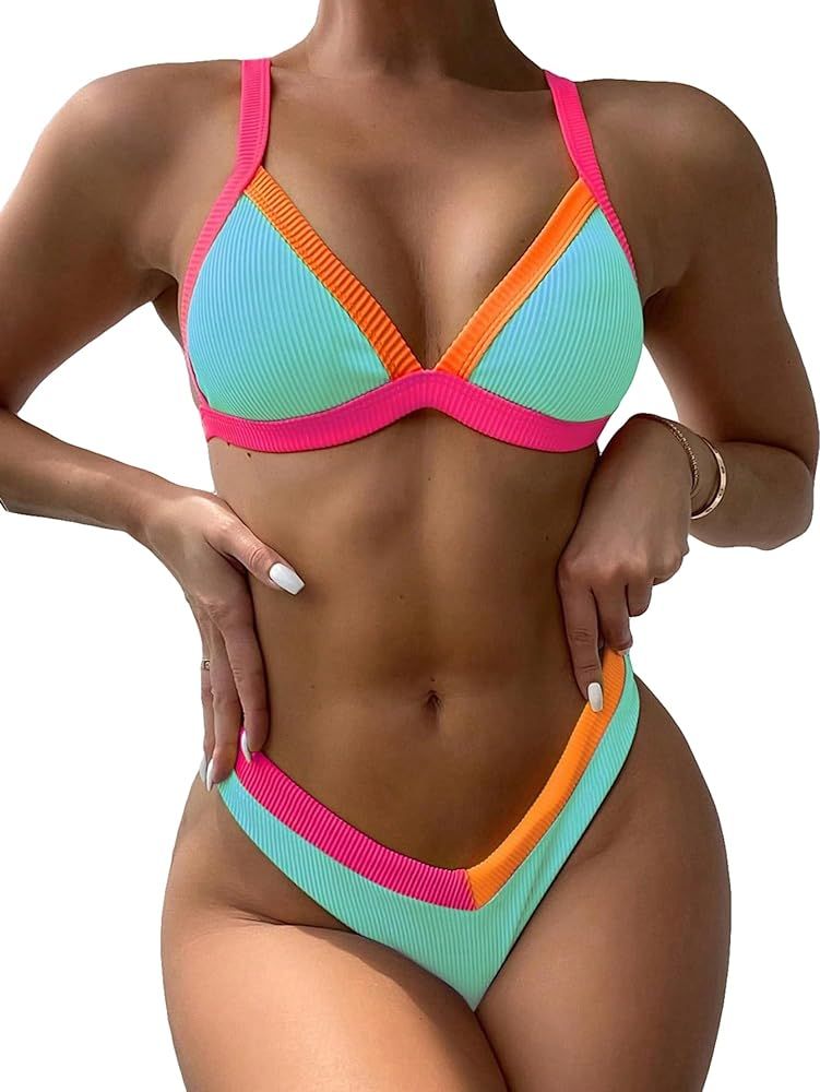 WDIRARA Women's Colorblock Contrast Binding Triangle Bikini Swimsuit 2 Piece Bathing Suit | Amazon (US)