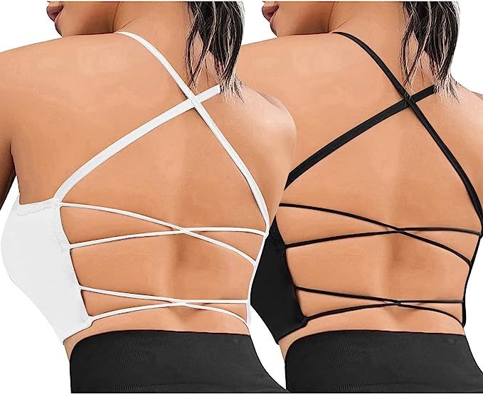 Vertvie Sports Bras for Women Cross Back Strappy Wireless Padded Bra Seamless Workout Tank Tops B... | Amazon (US)