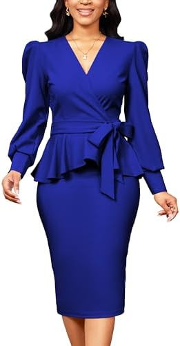 Elegant Dresses for Women Sexy Church Long Ruffles Sleeve Business Pencil Vintage Peplum Dress We... | Amazon (US)