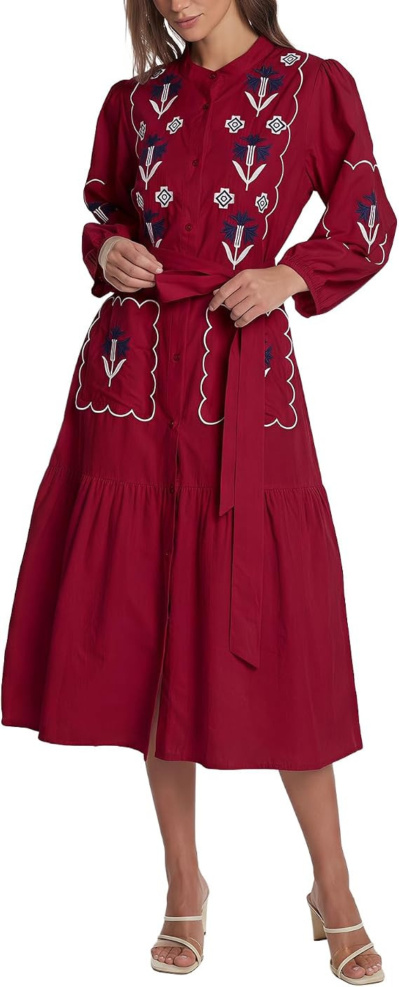 EZAPINE Womens Long Sleeve Midi Dress Embroidered Button Down Dress with Belt | Amazon (US)