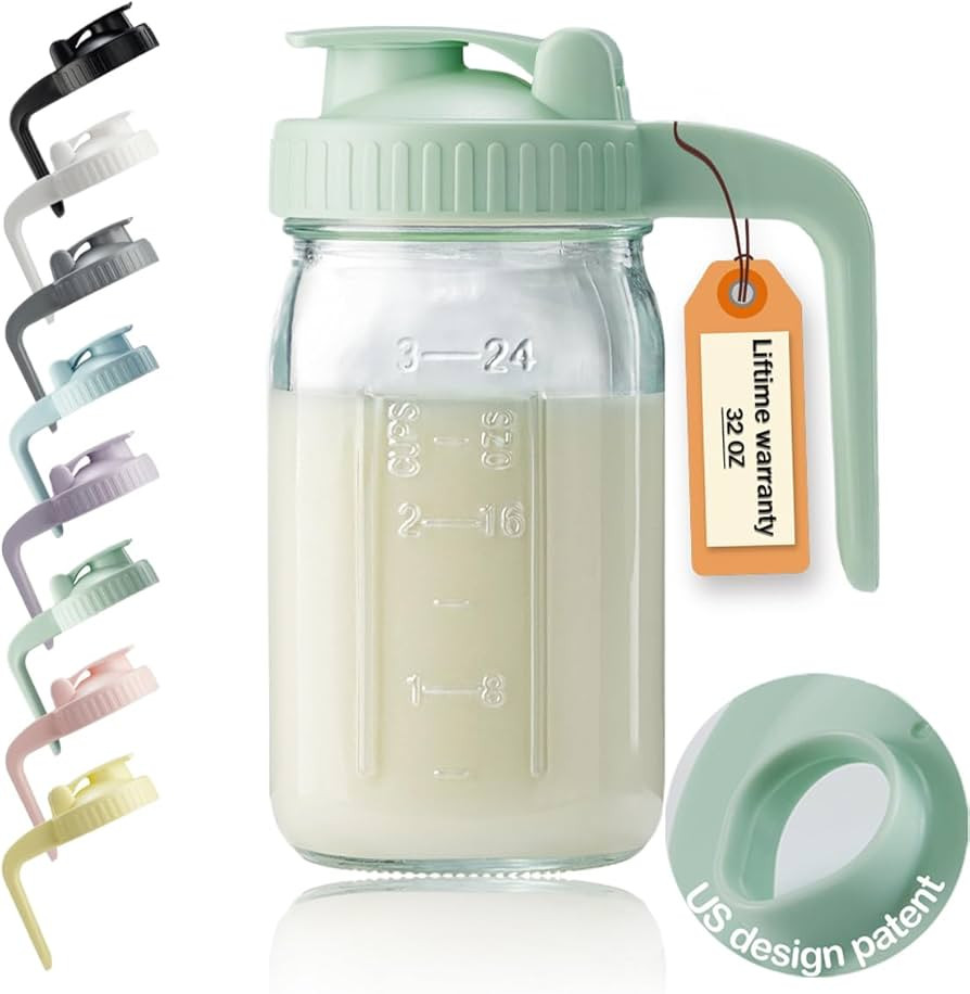 32oz Glass Pitcher with Lid & V-shaped Pour Spout - 1 Quart Breastmilk Pitcher Double Leak Proof,... | Amazon (US)