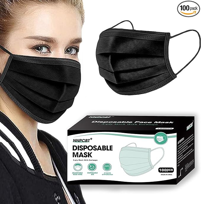 NNPCBT 100PCS 3 Ply Black Disposable Face Mask Filter Protection Face Masks | Amazon (US)