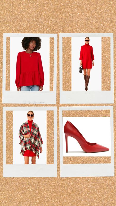 Ready to get festive for the holidays? How fabulous is this red peplum long sleeve blouse,  mini turtleneck sweater dress, tartan poncho from Tuckernuck and pumps from Schutz? #holidaydress #thanksgivingoutfit #falloutfits #red #tartan 

#LTKHoliday #LTKstyletip #LTKSeasonal