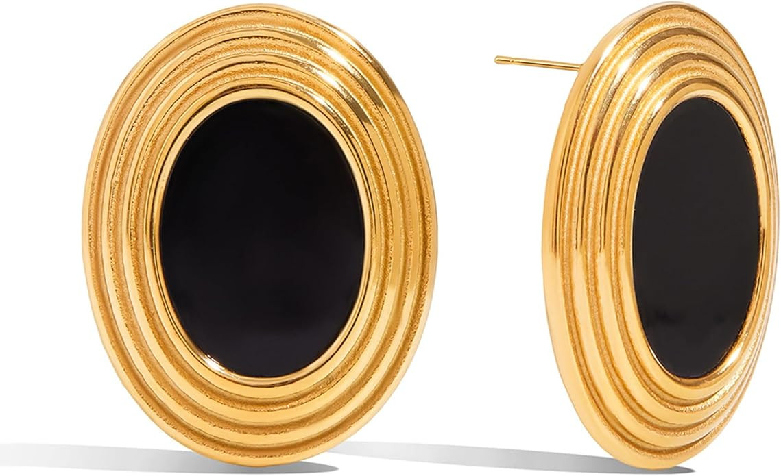 Big Chunky Gold Earrings for Women Vintage Black Oval Earrings Geometric Statement Earrings Trend... | Amazon (US)