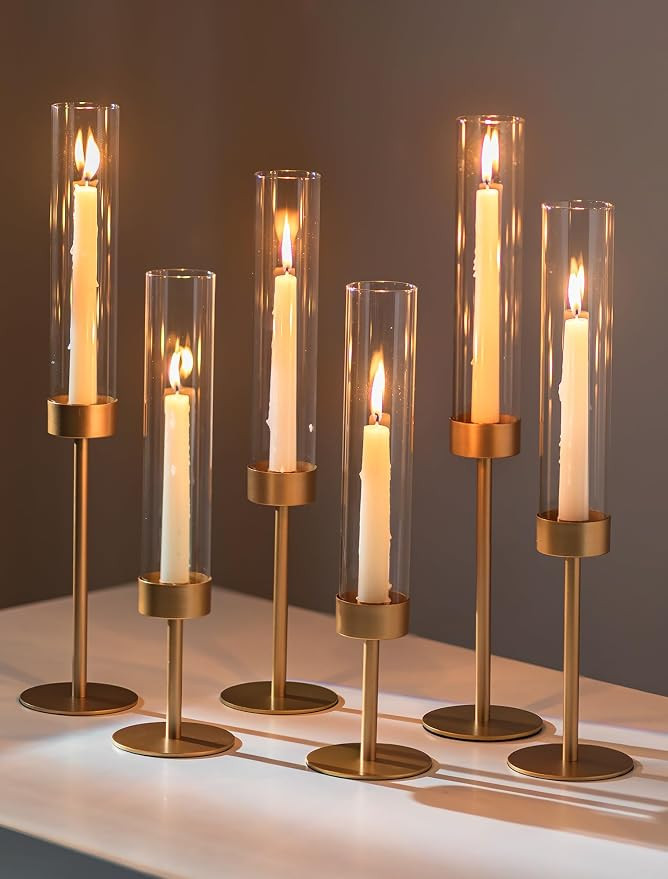 Romadedi Glass Hurricane Candle Holders for Candlestick, Gold, Set of 6 | Amazon (US)