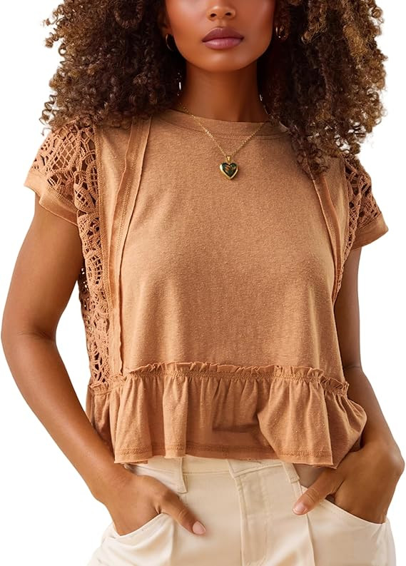 Women's Tops Cropped Lace Crochet Crewneck Cap Sleeve Shirt Cute Peplum Casual Summer Blouses | Amazon (US)