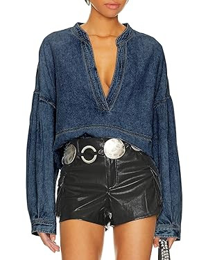 Women's Denim Pullover Deep V Neck Long Sleeve Raw Hem Loose Fit Casual Jean Tops | Amazon (US)