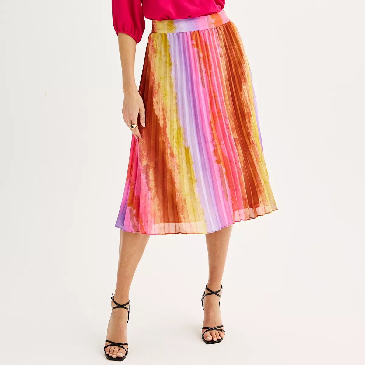 Women's Nine West Pleated Chiffon Rainbow Tie Dye Midi Skirt | Kohl's