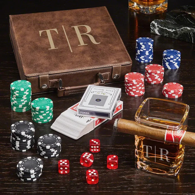 Brown Personalized Poker Set & Whiskey Cigar Glass | HomeWetBar.com