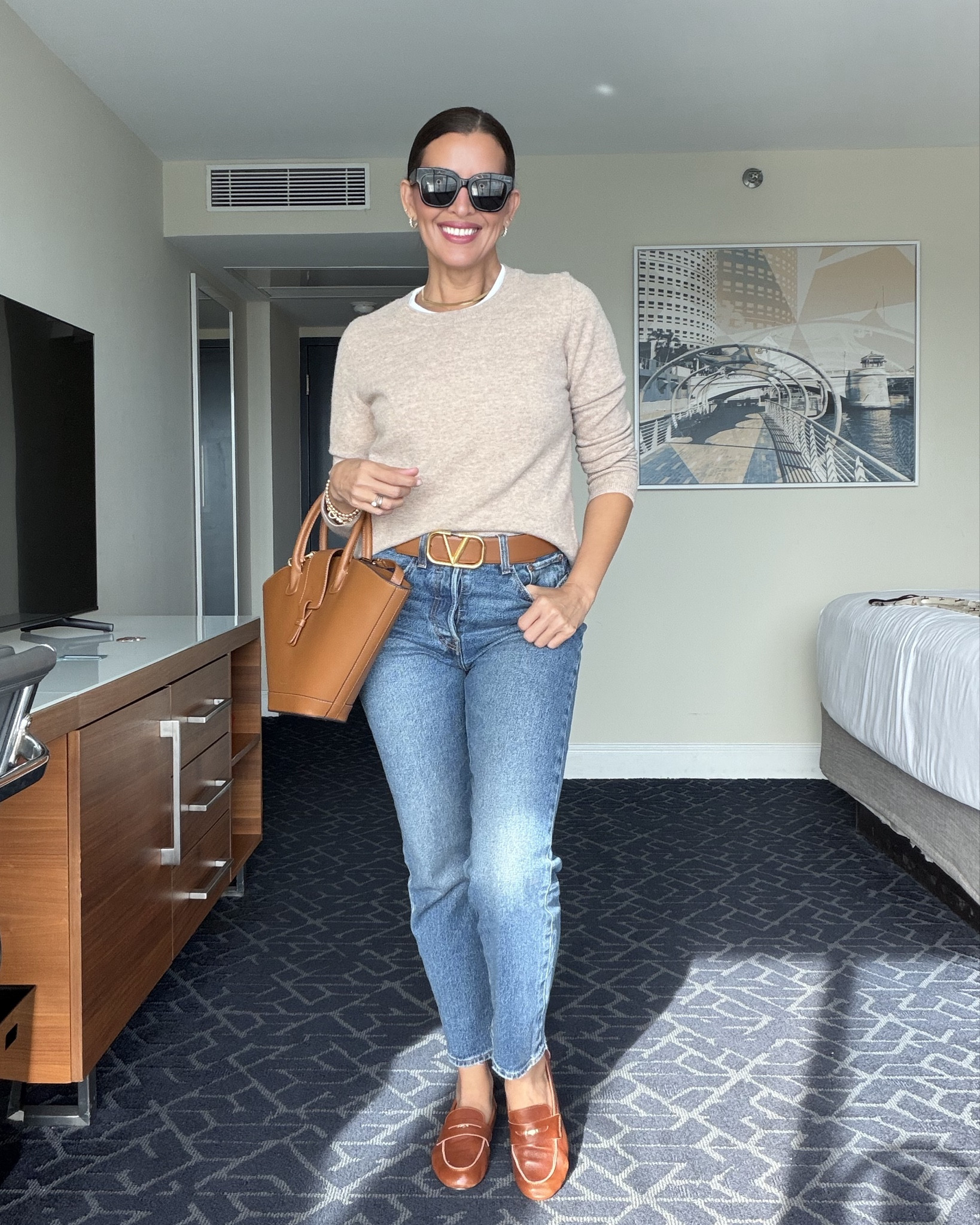 ‼️All details and sizing⬇️
👖Size 27x 30, there’s some stretch 
👚size M. Sweater size S, is super soft.
Size down in shoes, super comfy and the softest leather. Shoes on sale
Bag in caramel. 

#LTKSeasonal #LTKootd #LTKSaleAlert