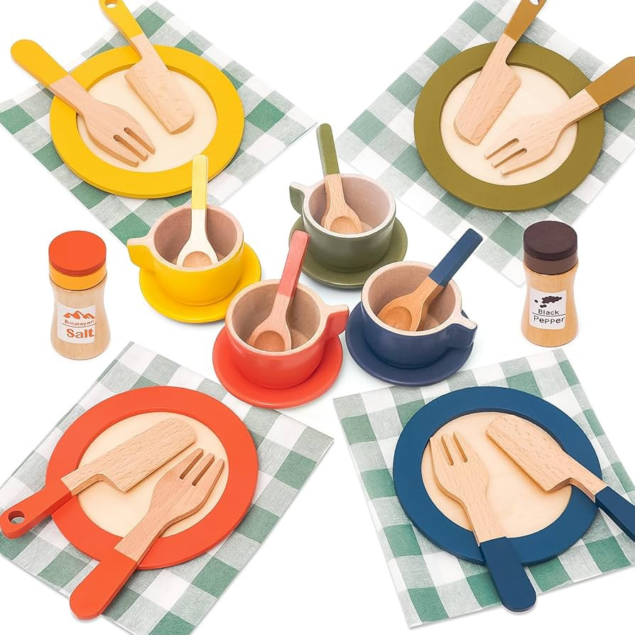 30 PCS Wooden Play Dishes and Plates for Kids, Montessori Wooden Kitchen Accessories Tableware Se... | Amazon (US)