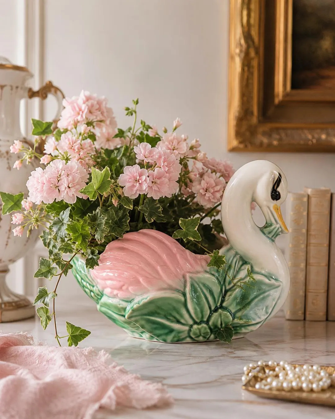 Vintage USA Pottery Swan Planter: Pink Green Ceramic Floral Vessel (12" W) | Etsy (Global)