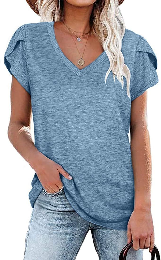 NANYUAYA Womens Casual Summer Tops 2023 V Neck Petal Sleeve Blouse T-Shirts | Amazon (US)