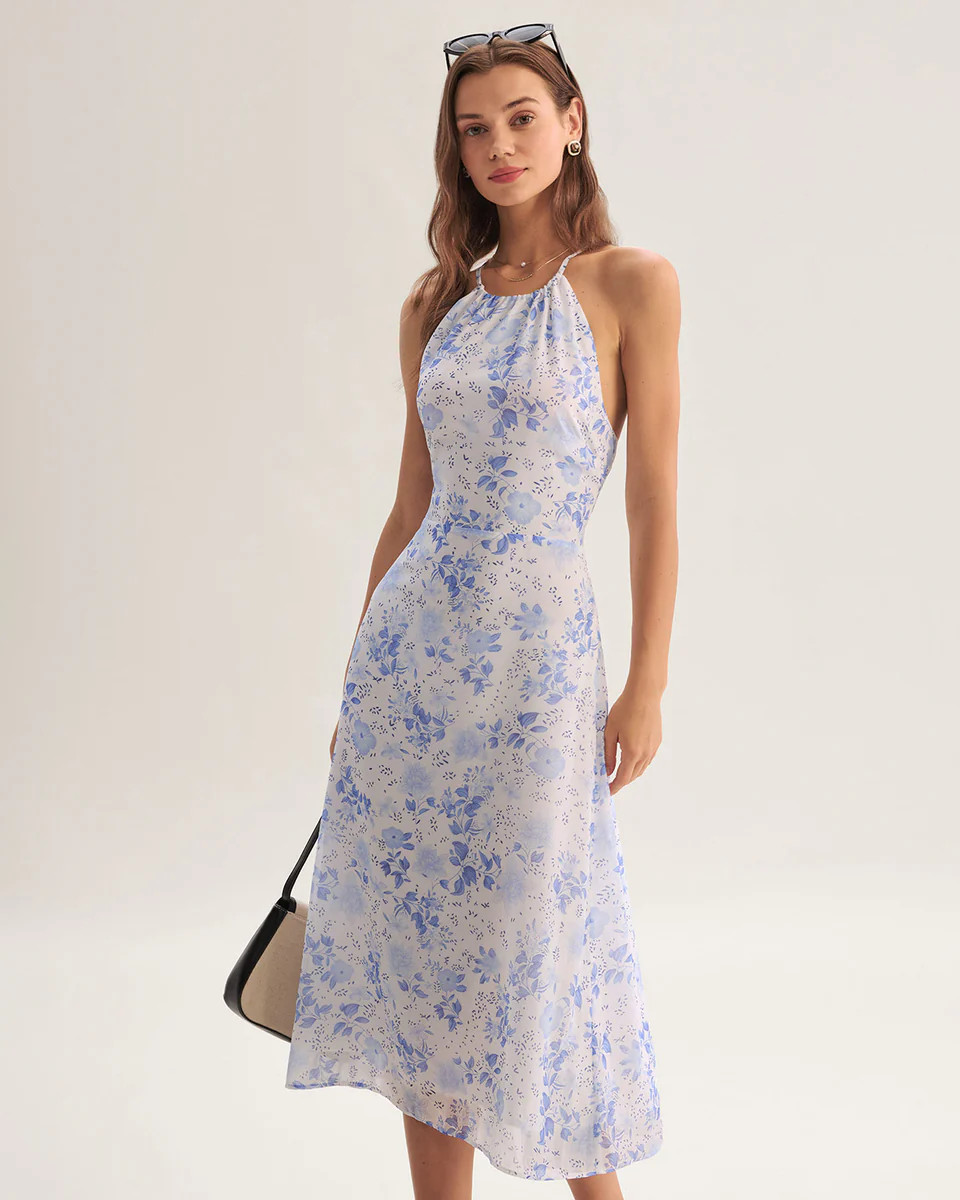 Blue Floral Halter Midi Dress | rihoas.com
