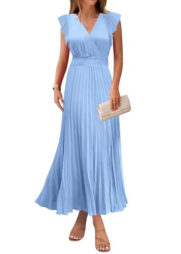 KIRUNDO Women's Summer Maxi Dresses Elegant V Neck Ruffle Flutter Sleeves Empire Waist Pleated Flowy Wedding Guest Dress (Light Blue, Medium) | Amazon (US)