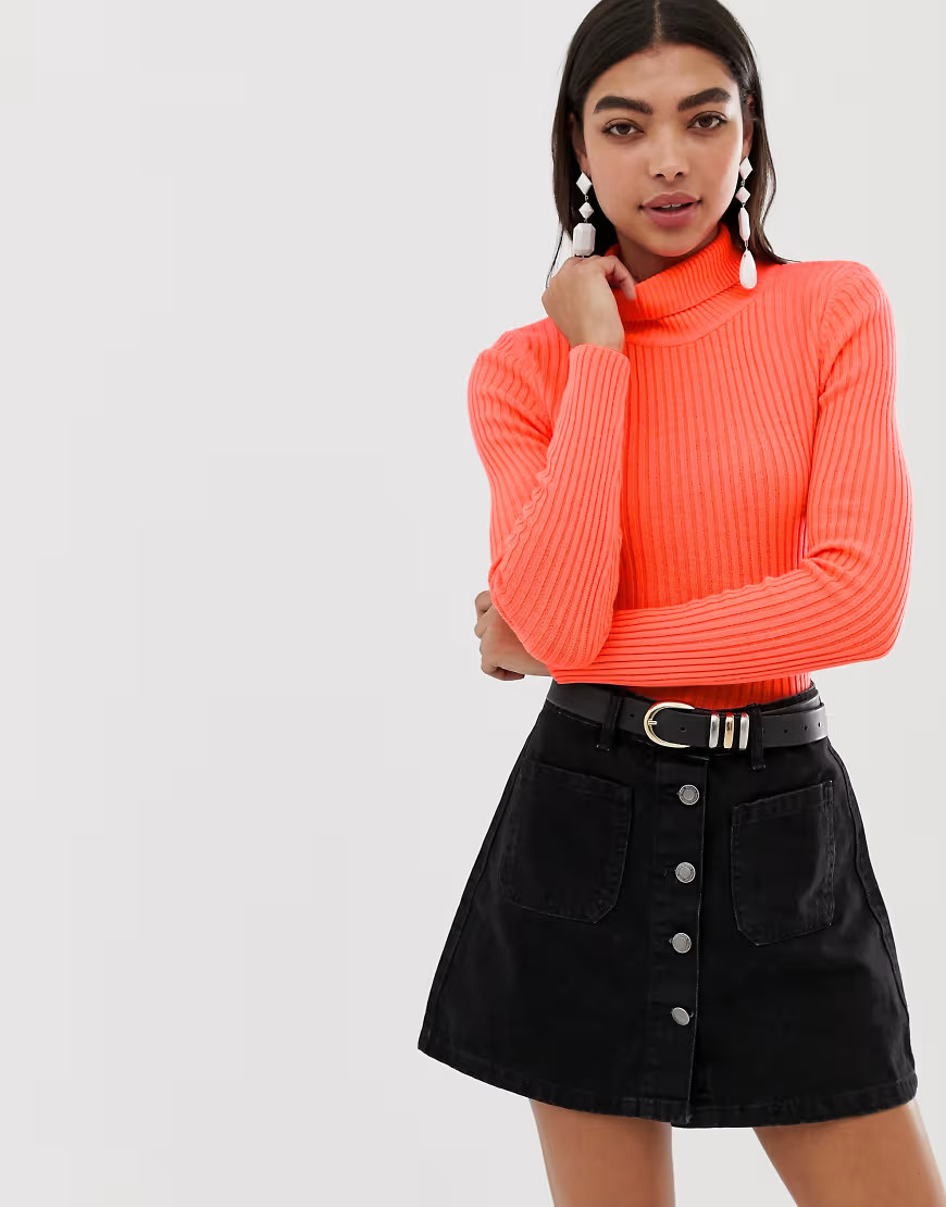ASOS DESIGN neon skinny rib sweater with roll neck-Orange | ASOS (Global)