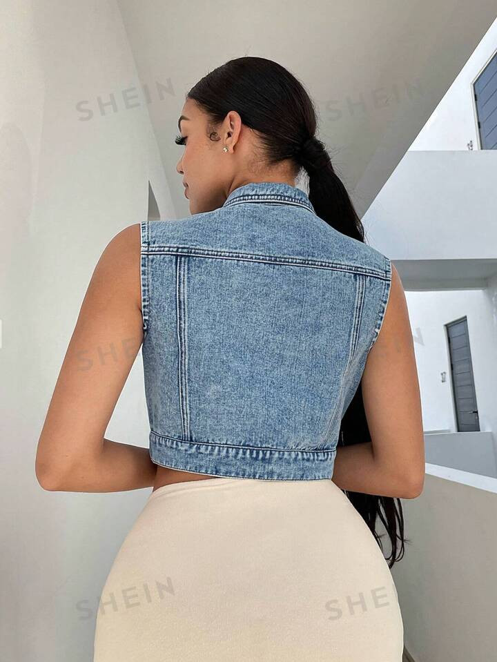 SHEIN SXY Flap Pocket Button Front Crop Denim Vest Jacket | SHEIN