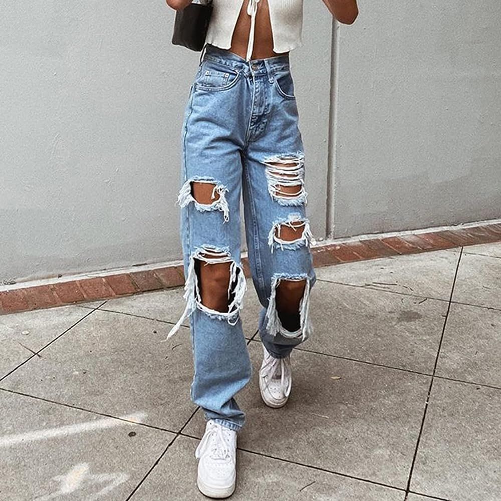 Mwardrobe Women High Waisted Baggy Ripped Jeans Boyfriend Fashion Large Denim Baggy Jeans for Girls | Amazon (US)