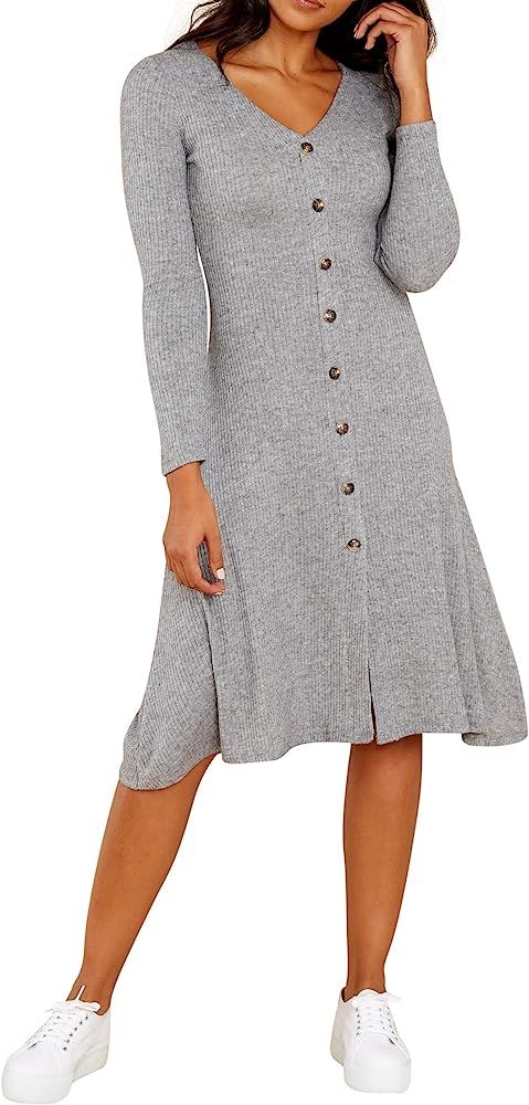 R.Vivimos Women's Winter Cotton Long Sleeves V-Neck Casual Button Down Knit Sweater Midi Dress | Amazon (US)