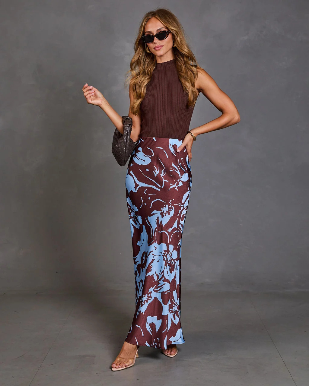 Harvest Days Floral Satin Maxi Skirt Brown Floral / S | VICI