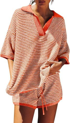 Tankaneo Womens Sweater Set 2 Piece Outfits Oversized 3/4 Sleeve V Neck Knit Tops High Waisted Sh... | Amazon (US)