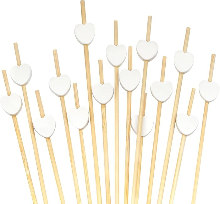 BambooMN 7.1" Decorative White Heart Bamboo Cocktail Fruit Sandwich Picks Skewers for Catered Eve... | Amazon (US)