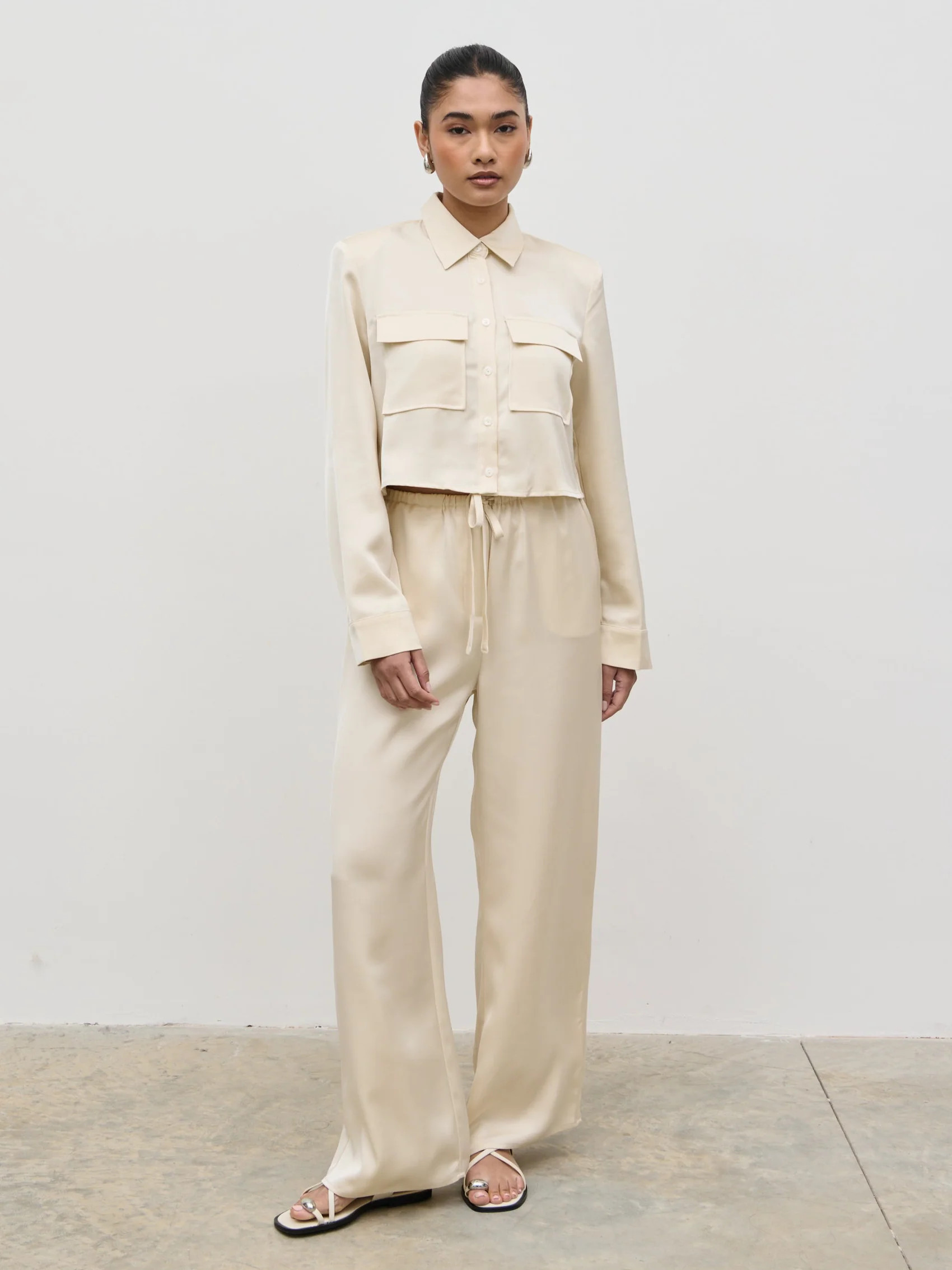 Breya Satin Drawstring Trousers - Oyster | Pretty Lavish (UK)