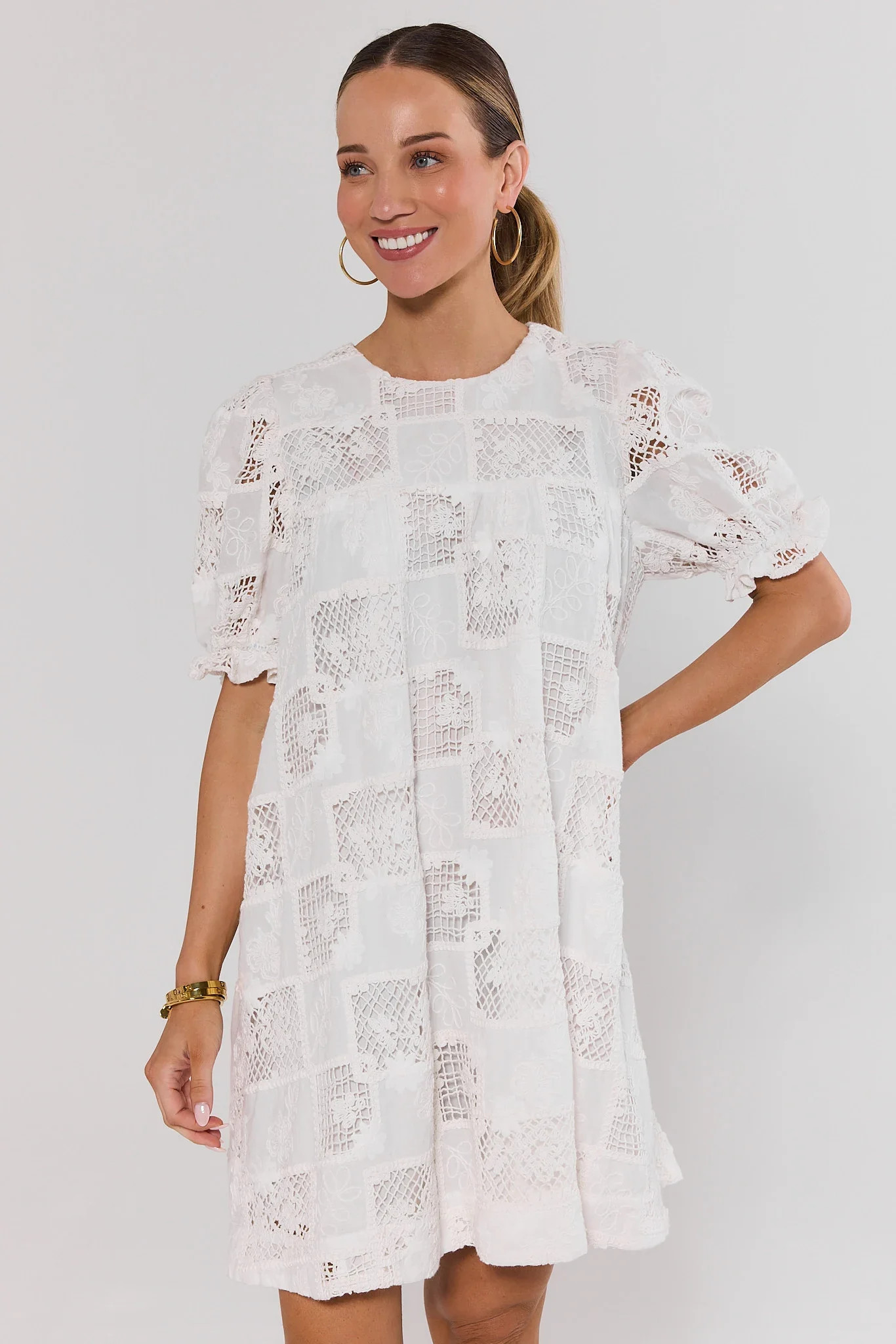 White Eyelet Embroidered Short Dress | Avara