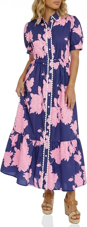 Wenrine Womens Casual Shirt Dress Floral Collared Short Sleeve Button Down Drawstring Waist Loose... | Amazon (US)