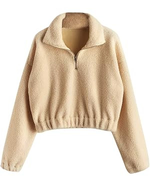 ZAFUL Women's Fashion Long Sleeve Lapel Half Zip Plain Faux Fur Sweatshirt Solid Color Crop Pullo... | Amazon (US)