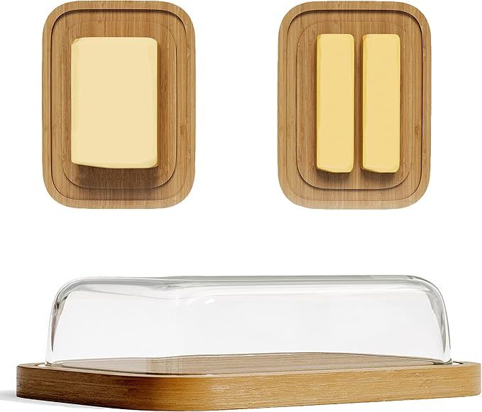 Large Glass Butter Dish With Lid for Countertop and Fridge, Bamboo Butter Holder/Tray, Covered Bu... | Amazon (US)