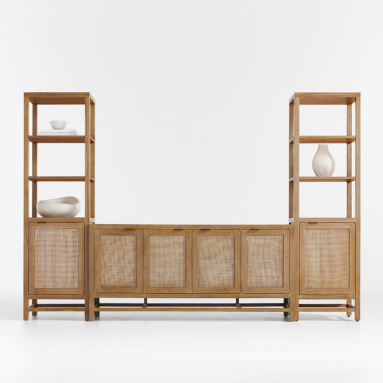 Blake 112" Light Brown Teak and Rattan Storage Media Console Set + Reviews | Crate & Barrel | Crate & Barrel