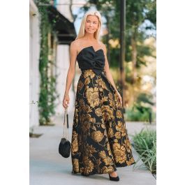Golden Bouquet Jacquard Embossed Maxi Skirt | Chicwish