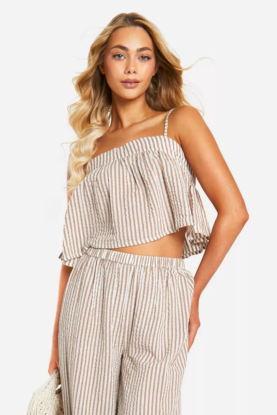 Tonal Stripe Seersucker Square Neck Crop | Boohoo.com (UK & IE)