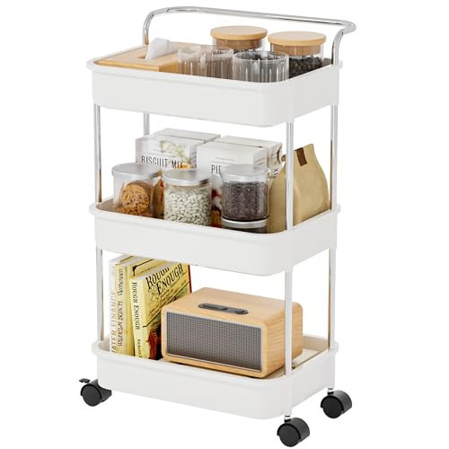 STARLATTA 3 Tier Rolling Cart with Wheels, Plastic Storage Trolley for Kitchen, Bathroom, Laundry, Baby Diaper, Craft, Movable Utility Shelf Organizer with Handles, White | Amazon (US)