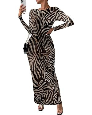 MARZXIN Women Long Sleeve Maxi Dress Bodycon Ruched Formal Slim Fit Tie Dye Dress Formal Mesh Dre... | Amazon (US)